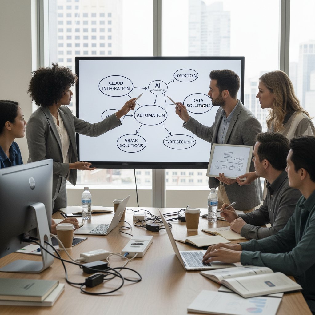 Team collaboration led by technology coordinator, lively brainstorming session