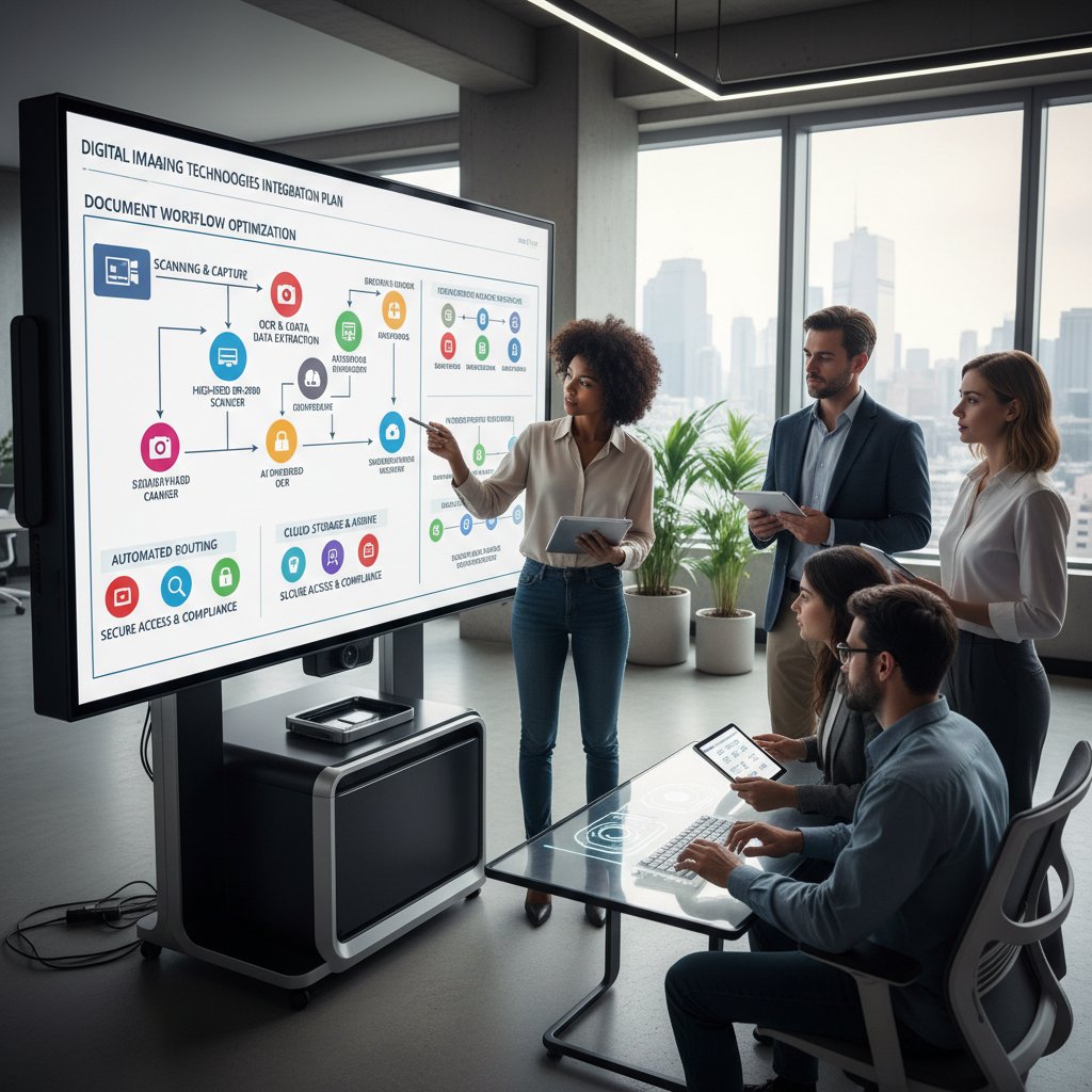 Diverse project team planning document imaging workflows on a digital board, representing pre-implementation planning for digital document management