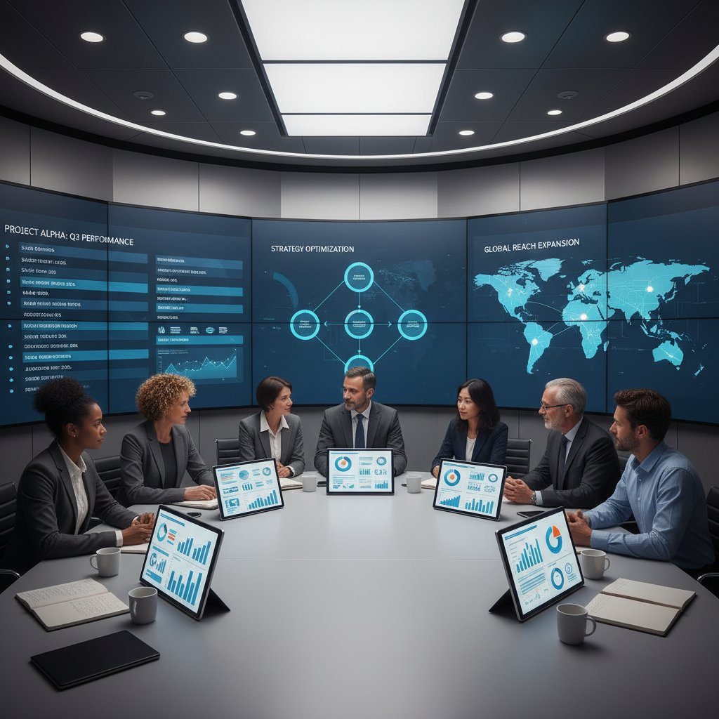 Team gathered around digital screens, discussing summarized reports. Alt text: Team reviewing AI-summarized reports in real time.