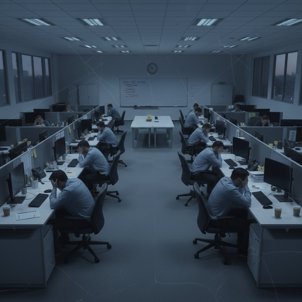Team meeting showing emotional disconnect in the workplace, one person disengaged