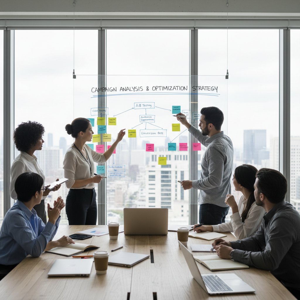 Zespół podczas warsztatów optymalizacyjnych, analiza wyników kampanii, tablica z post-it