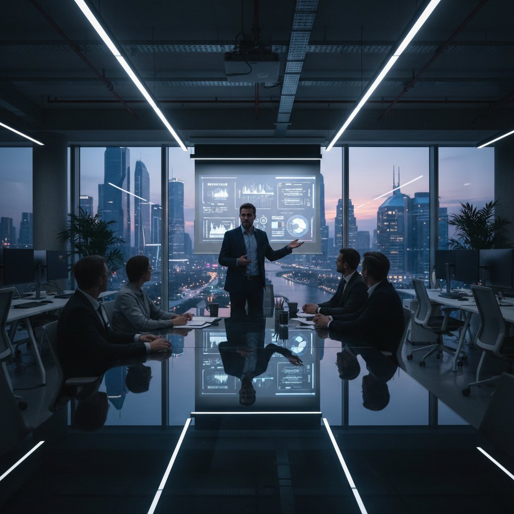 Lider inspirujący zespół do refleksyjnej analizy, nowoczesne biuro