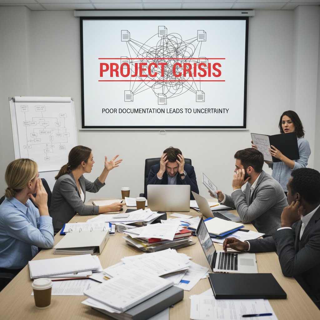 Team facing project crisis due to poor documentation, highlighting the risks when you don't generate project documents carefully