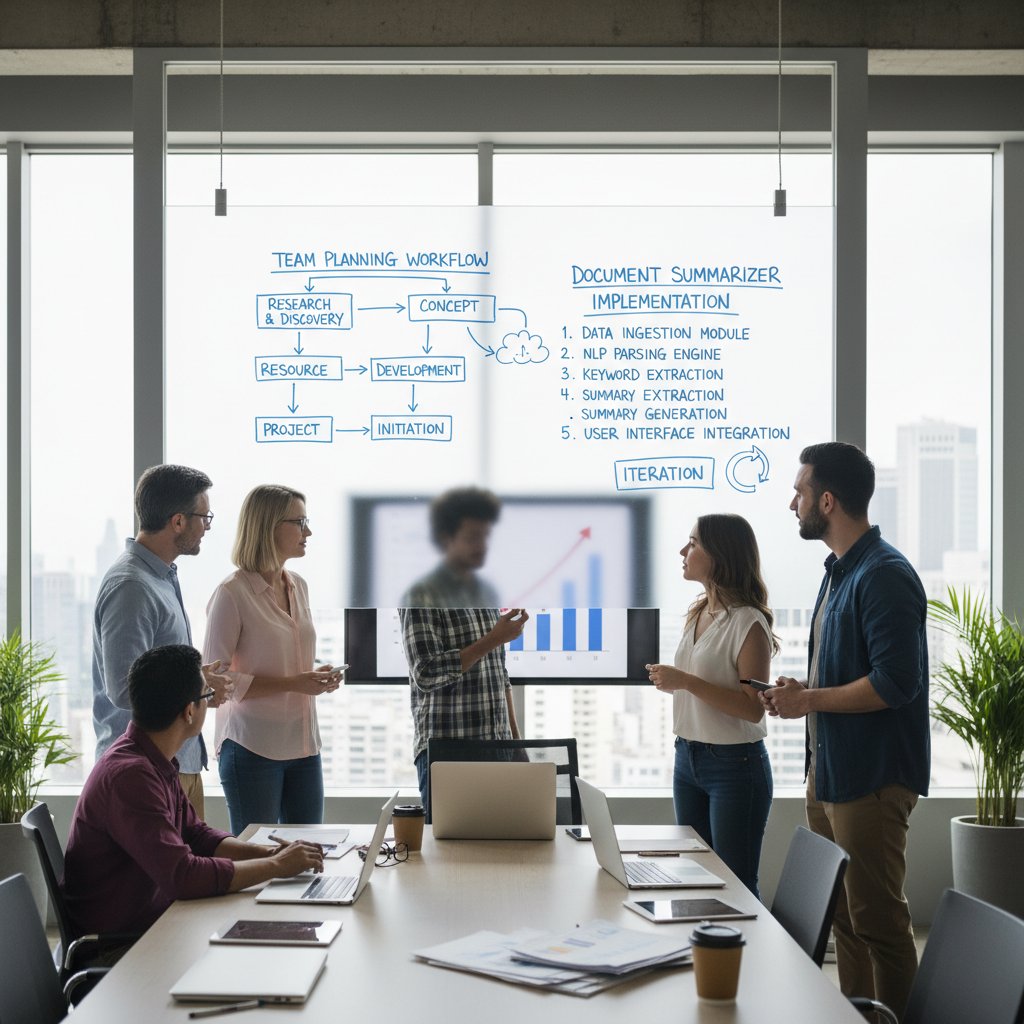 Planning document summarizer implementation—team at whiteboard mapping workflow changes for accelerated workflow