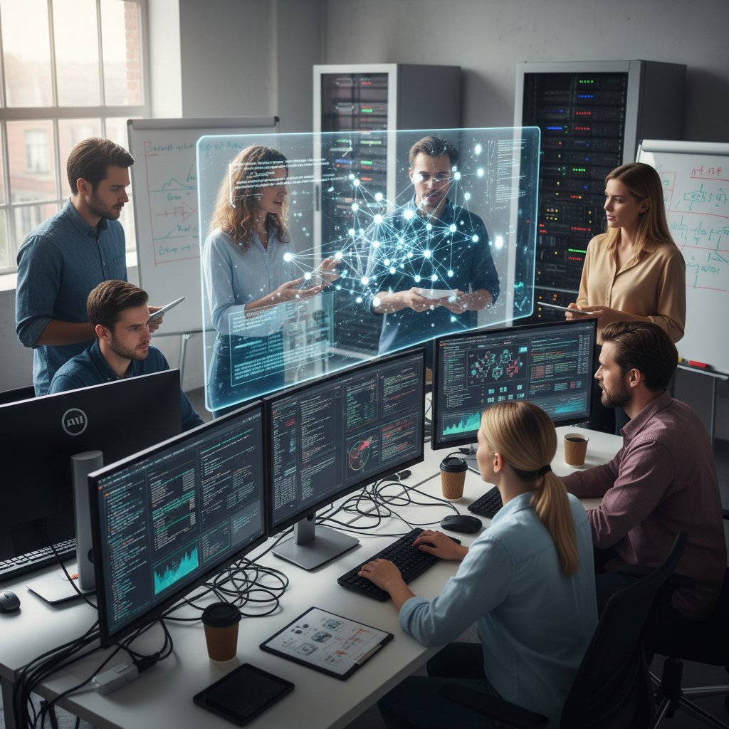 Zespół programistów przy komputerach, na monitorach widoczne dane i proces uczenia AI