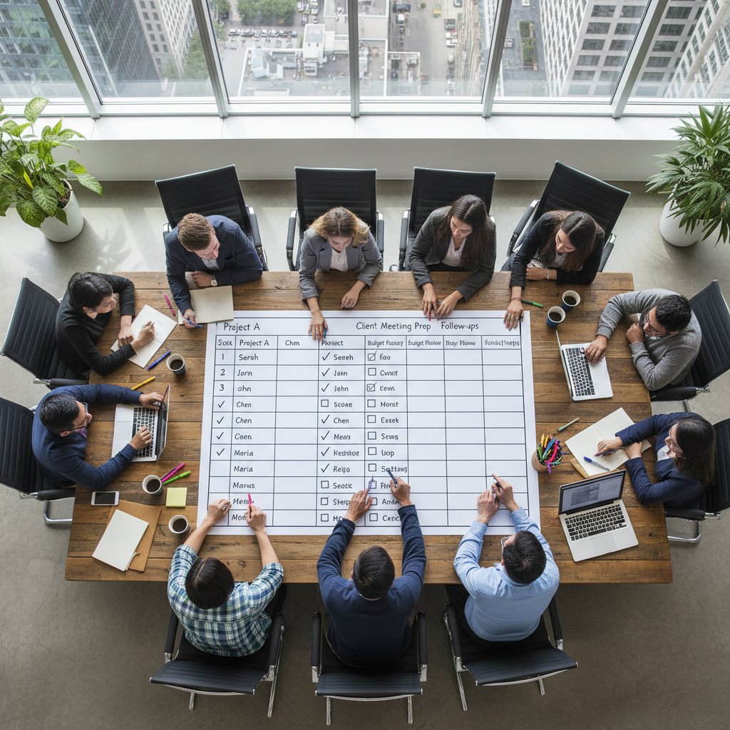 Overhead photo of team circling table with laptops and checklists, workplace coordination audit