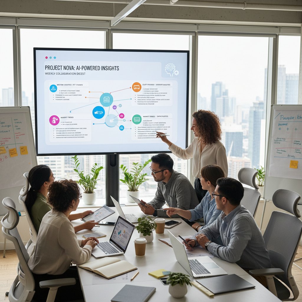 Team using AI-generated summaries for collaboration, showing the impact of document summarizer for simplified workflow on workplace culture