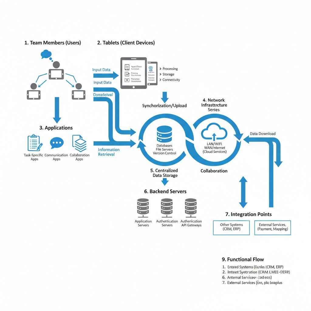 Zespół korzystający z tabletu i laptopów do tworzenia diagramów funkcjonalnych
