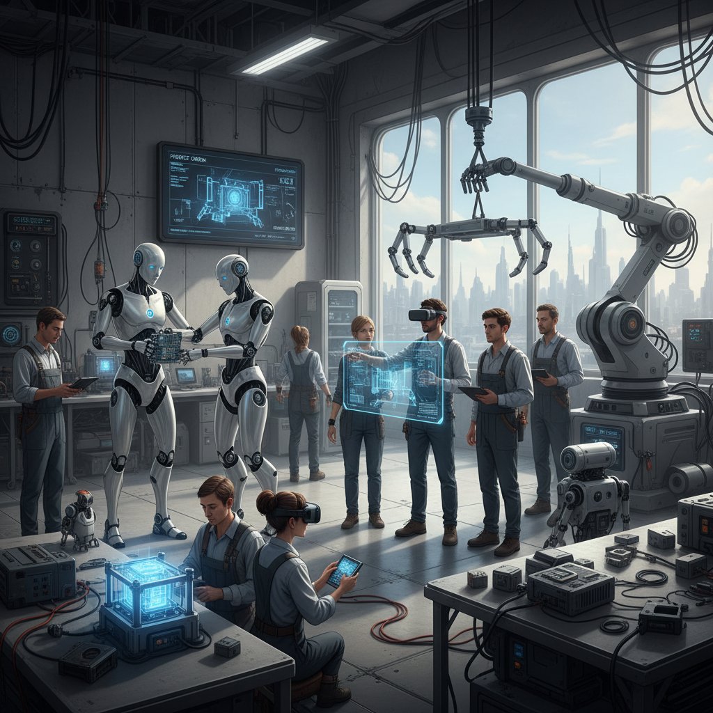 Zespół ludzi i robotów przy stole projektowym, współpraca człowiek-maszyna, automatyzacja a filozofia pracy