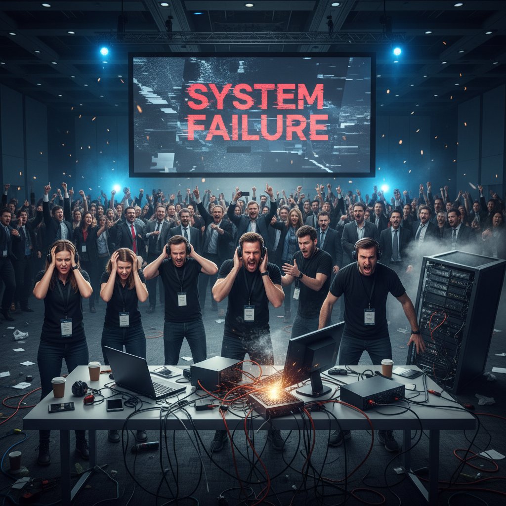 Frustrated event team troubleshooting technical failures during a high-stakes conference