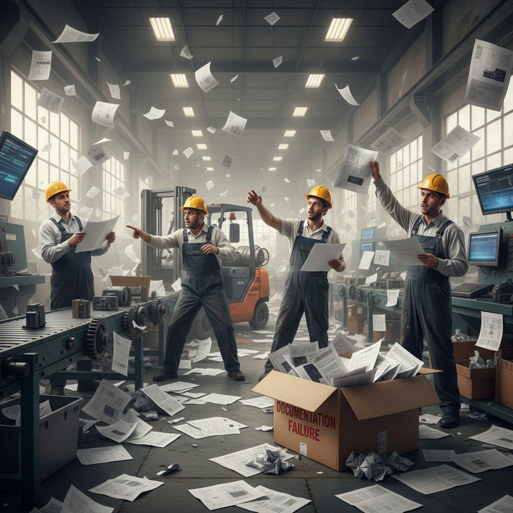 A shattered technical manual on the factory floor, staff searching in confusion amid chaos, emphasizing the risks of poor documentation