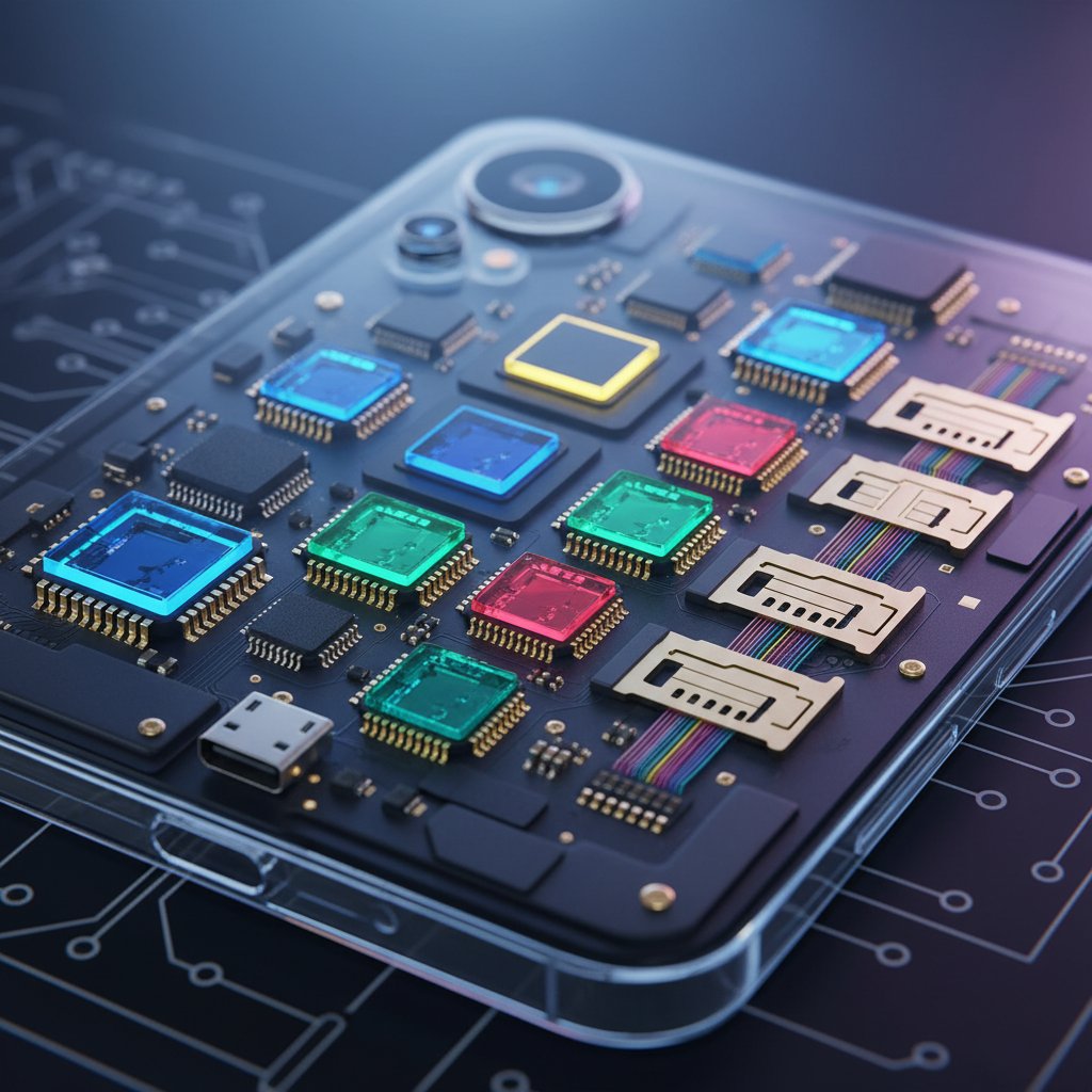 Schemat techniczny telefonu dual SIM z zaznaczonymi slotami