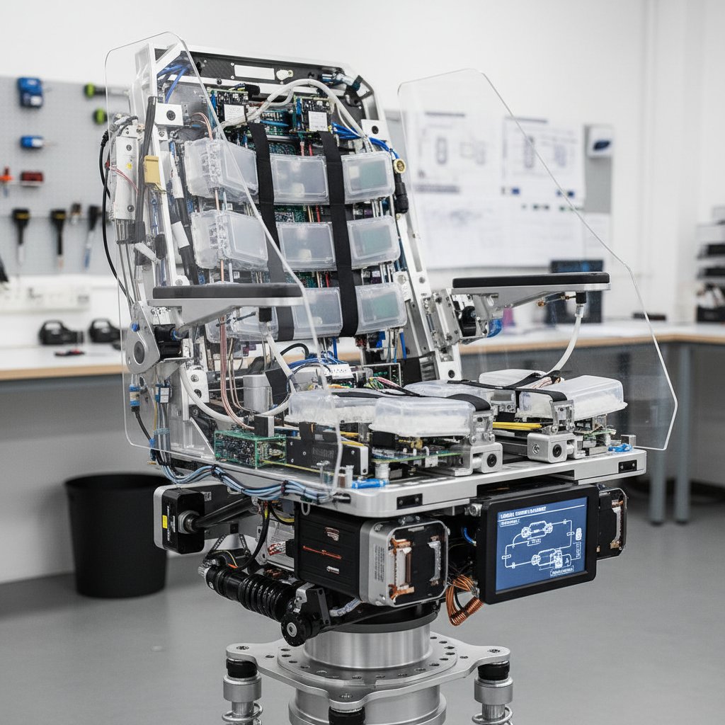 Technical photo showing a transfer seat's internal components and wiring, with parts labeled