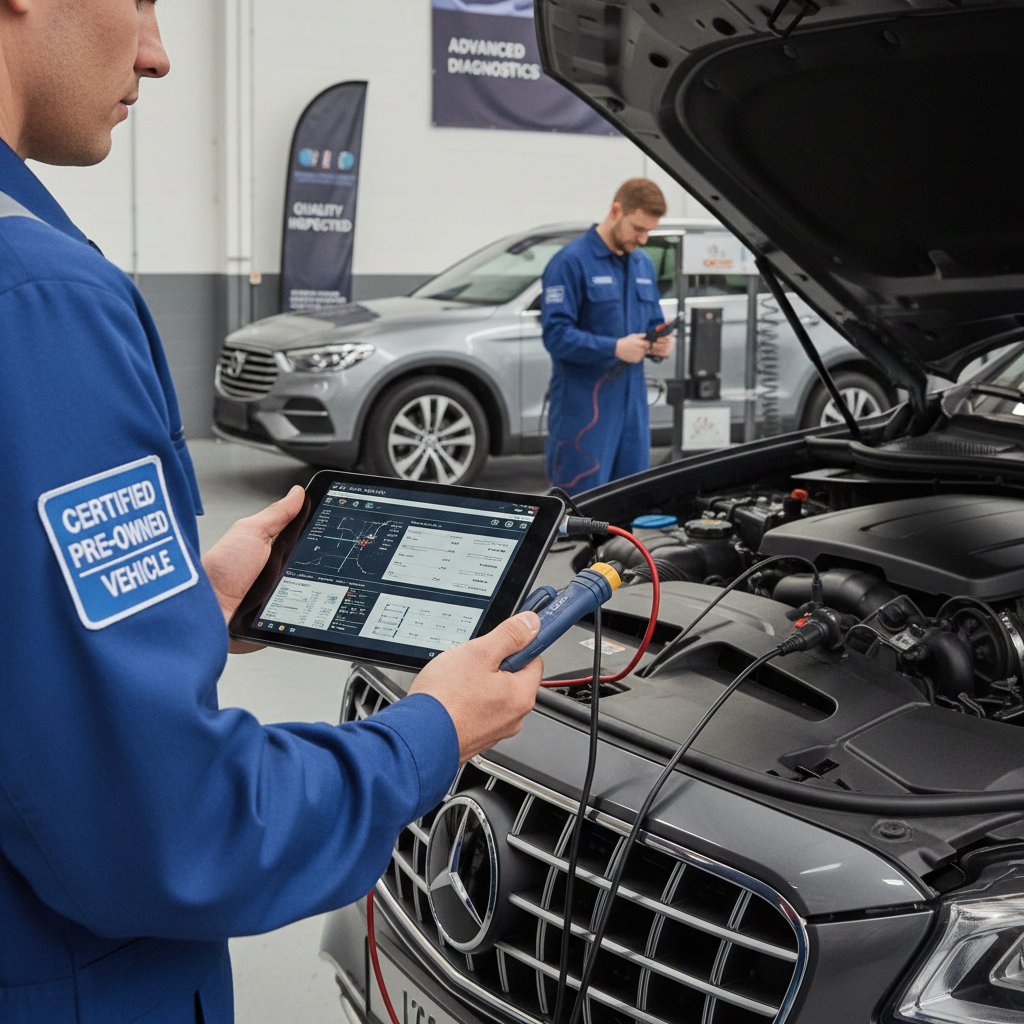 Technician using advanced diagnostics on certified pre-owned vehicle