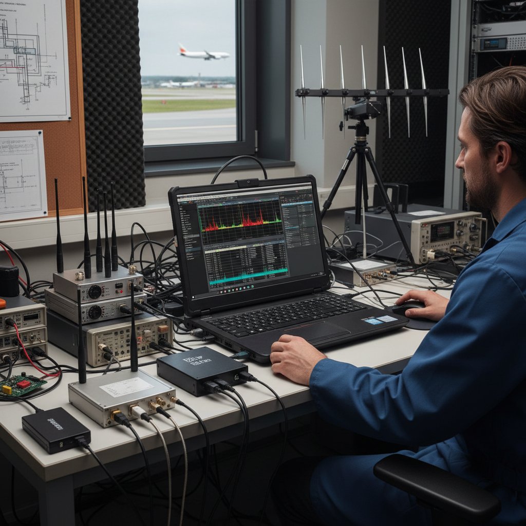 Technician setting up SDR equipment for live aircraft data capture