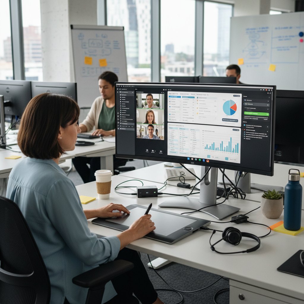 Modern tech coordinator's digital toolkit with multiple screens and collaboration apps