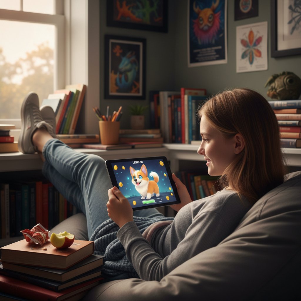 Nastolatek korzystający z gry edukacyjnej z psem podczas przerwy w nauce