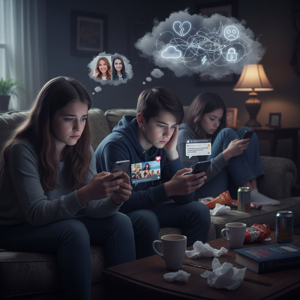 Symbolbild: Jugendliche scrollen durch Social Media Feeds, verschiedene Emojis und Schlagworte symbolisieren mentale Gesundheit