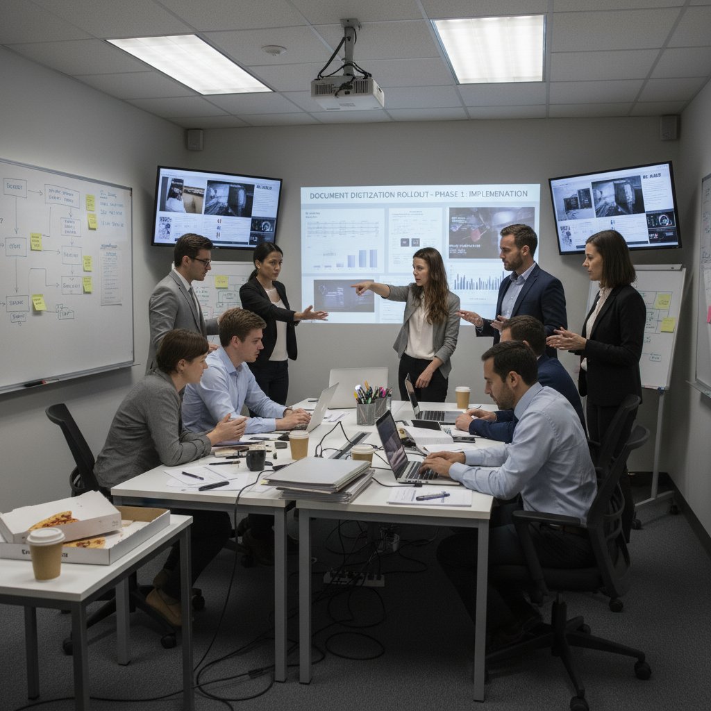 Editorial photo showing a tense project team in a war-room setting, representing the pressure of document digitization rollouts