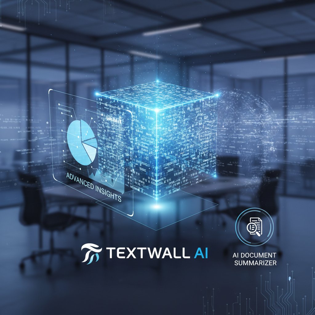 Professional using TextWall.ai platform, digital interface showing document summary and insights