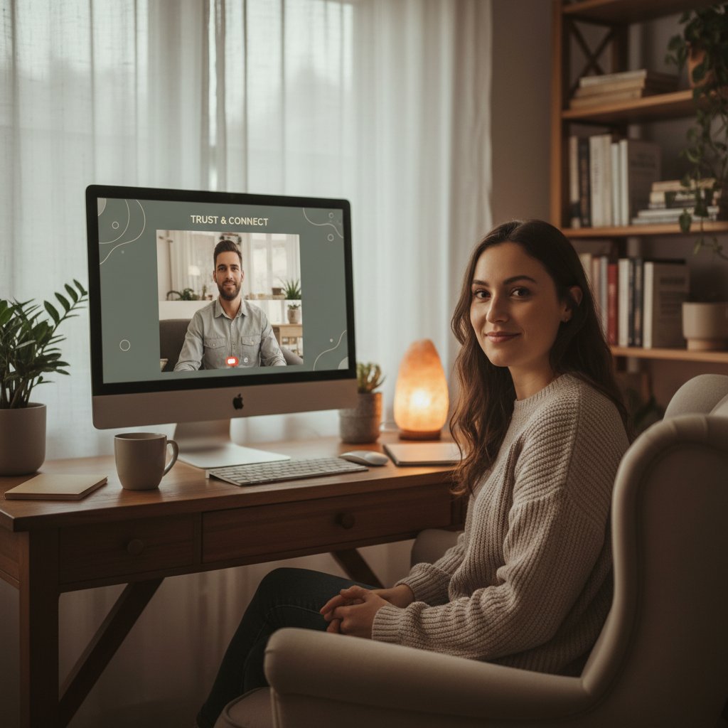Psychoterapeuta prowadzący sesję online, komputer, atmosfera zaufania