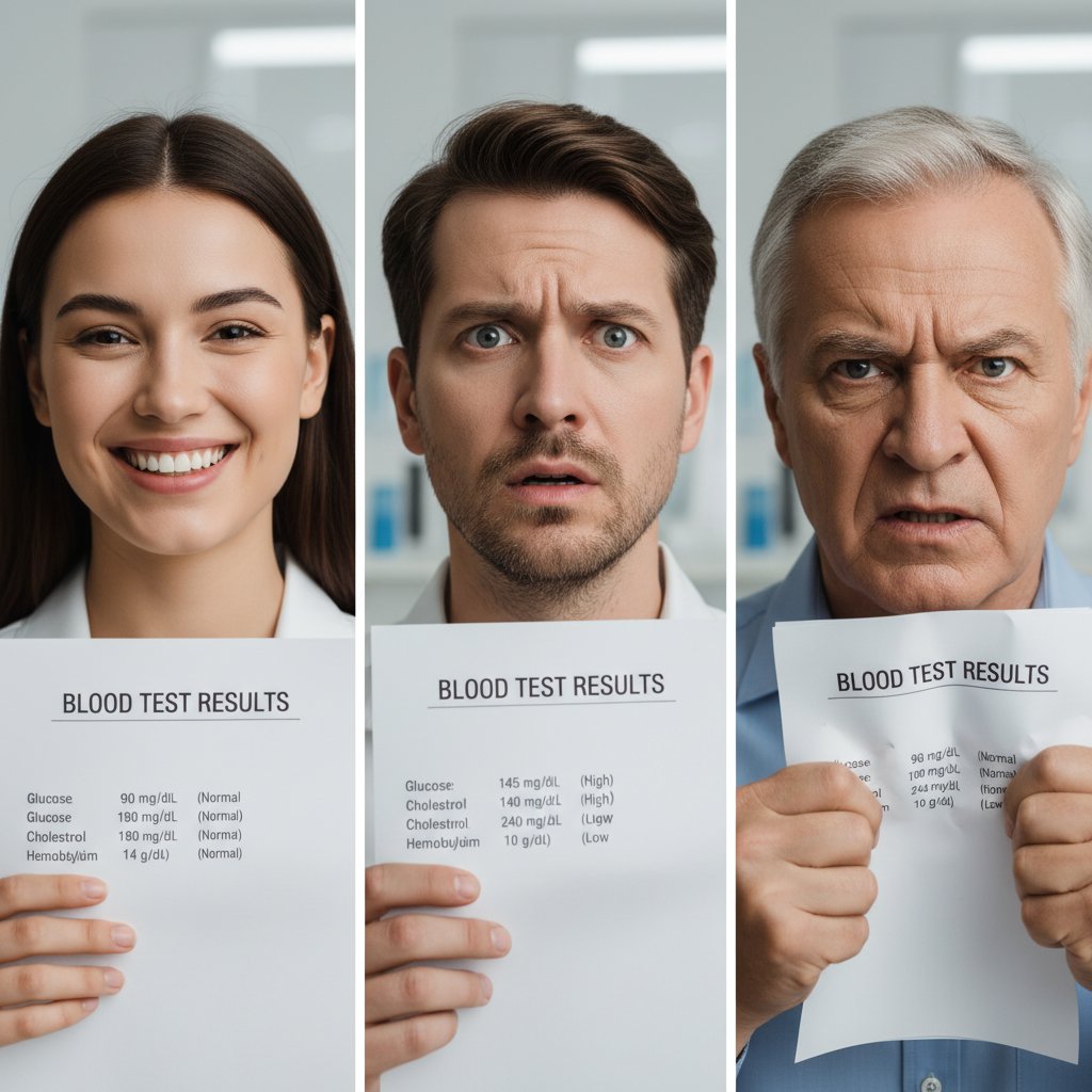 Trzy twarze wyrażające różne emocje po otrzymaniu wyników morfologii