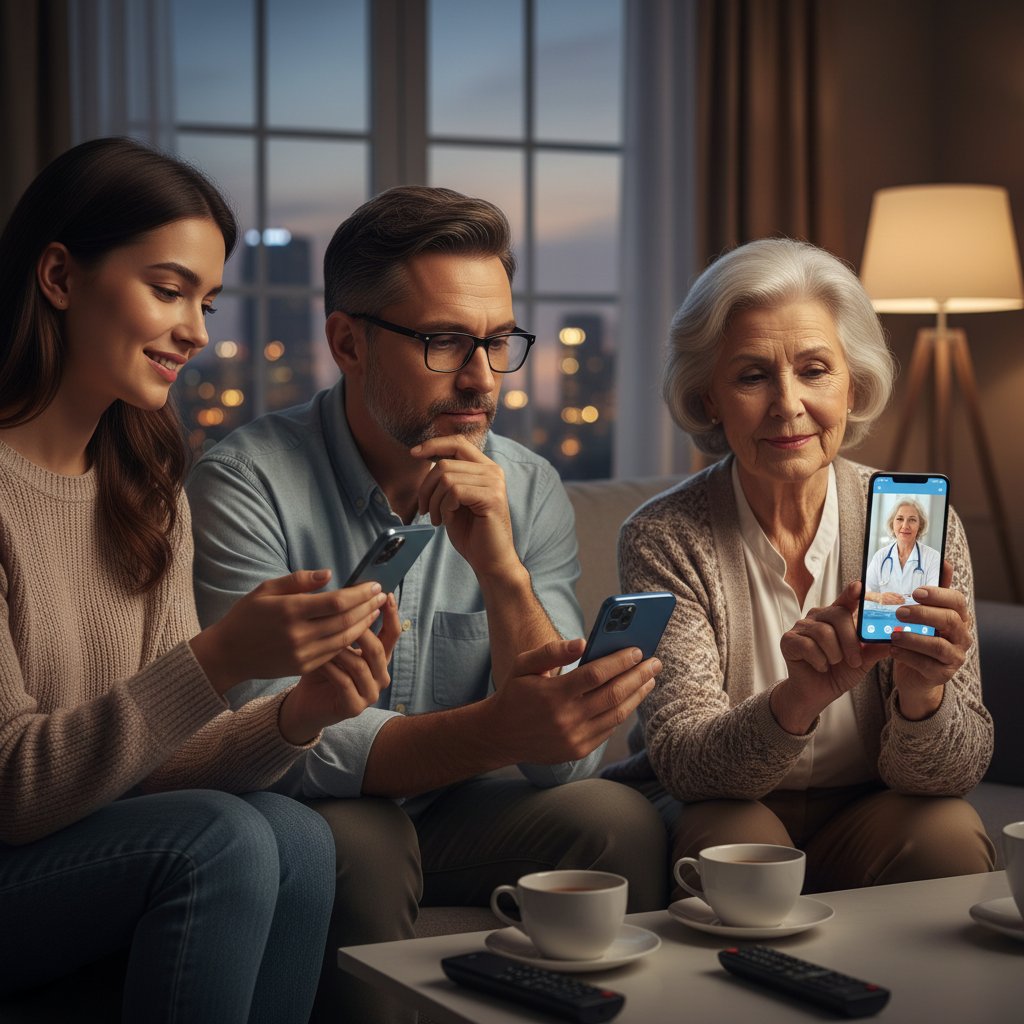 Trzy osoby w różnym wieku korzystające z porad zdrowotnych online na smartfonach, mieszkanie, wieczór
