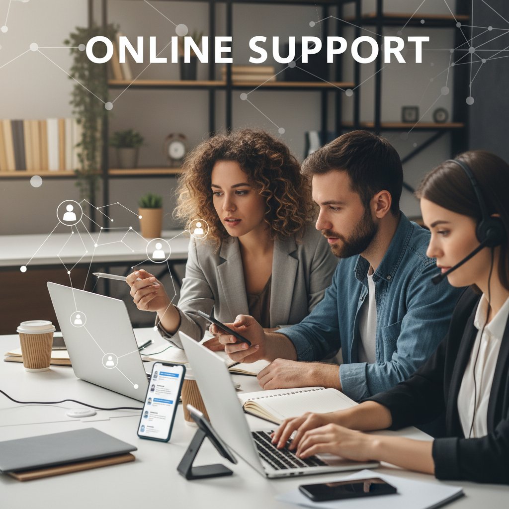 Trzy osoby korzystające z różnych form wsparcia online – komputer, smartfon, notebook