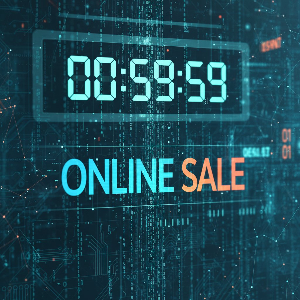 Symboliczna grafika czasu i sprzedaży online, zegar rozpływający się w cyfrowym kodzie