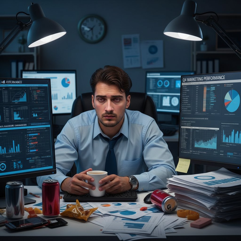 Zmęczony marketer przy biurku analizujący stosy papierów i wykresów marketingowych