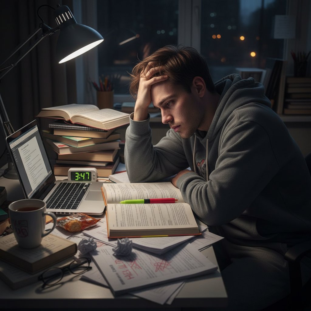 Zmęczony student podczas nauki nocą przy biurku, stres egzaminacyjny