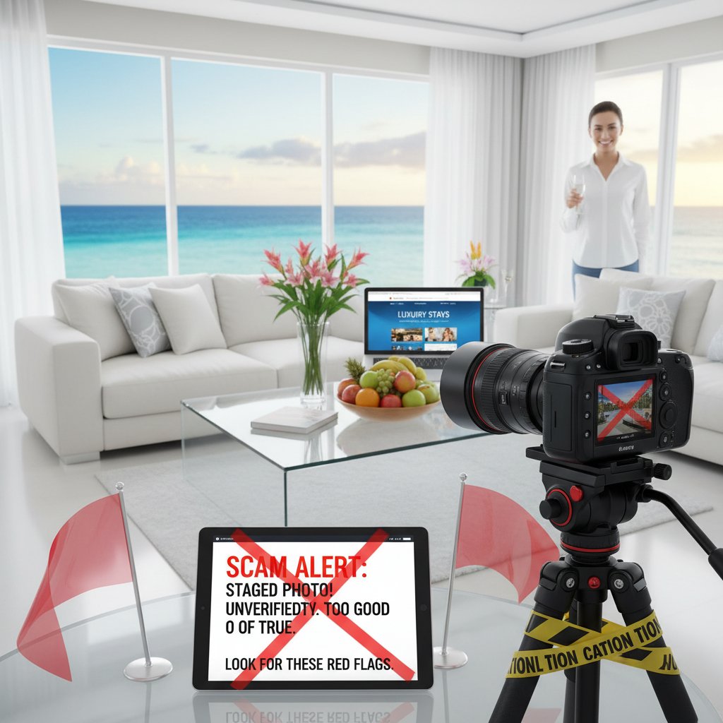 A staged photo of a vacation rental that looks too perfect, with overlaid warning icons indicating potential scam