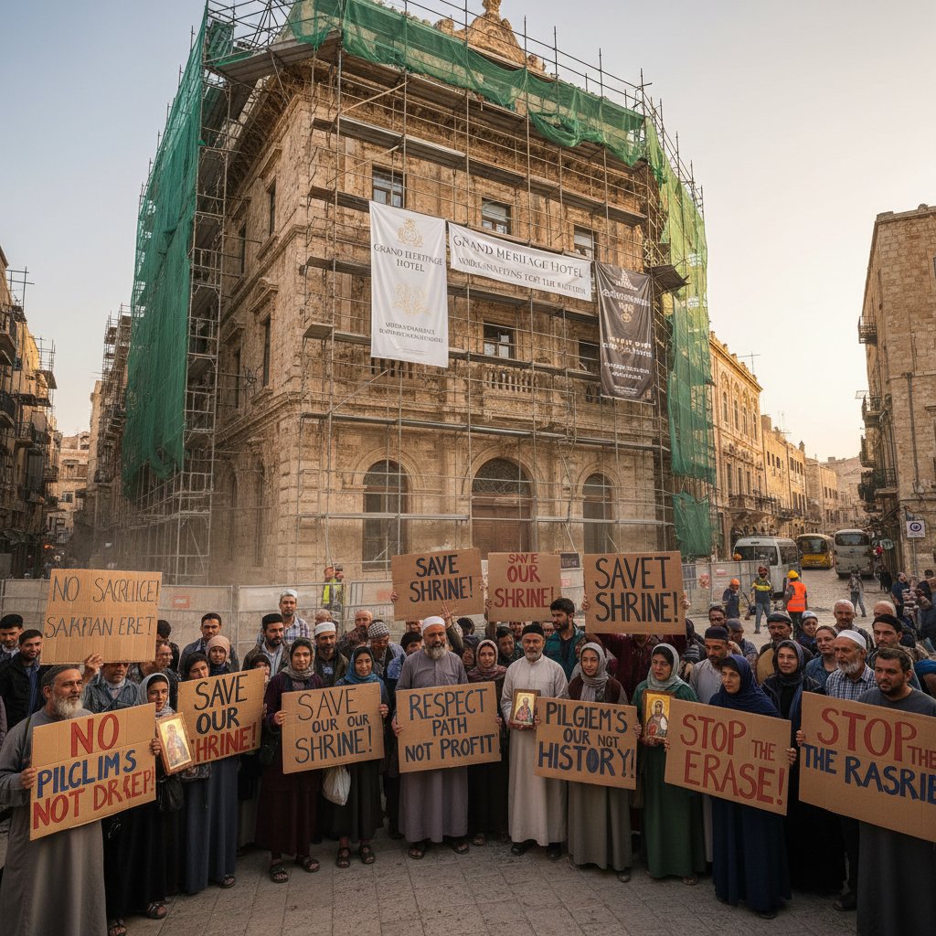 Tourists protesting outside historic hotel under renovation, highlighting controversies in religious tourism hotels