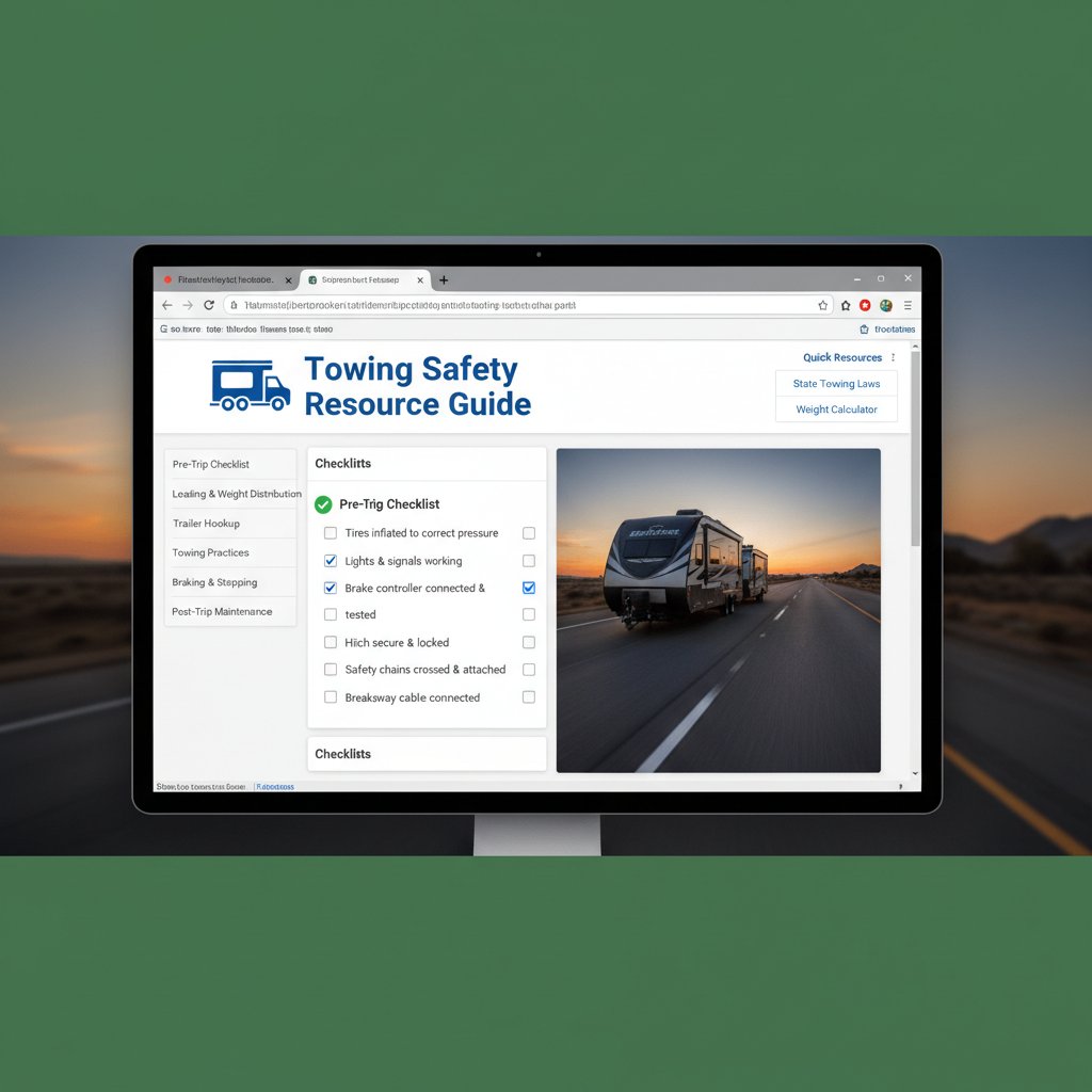 Towing safety resource guide photo showing desktop, browser with open checklists, and reference books