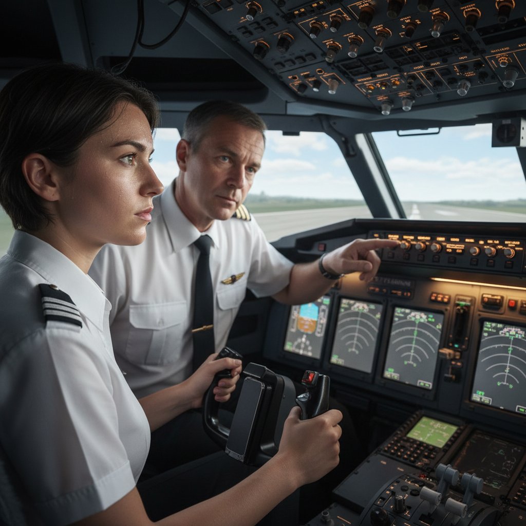 Close-up of a trainee sweating in the cockpit, high tension, instructor pointing to aircraft controls