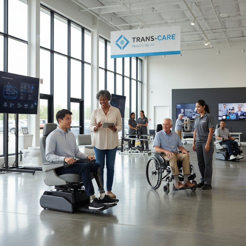 Diverse group of people, including elderly and wheelchair users, testing transfer seats in a showroom setting
