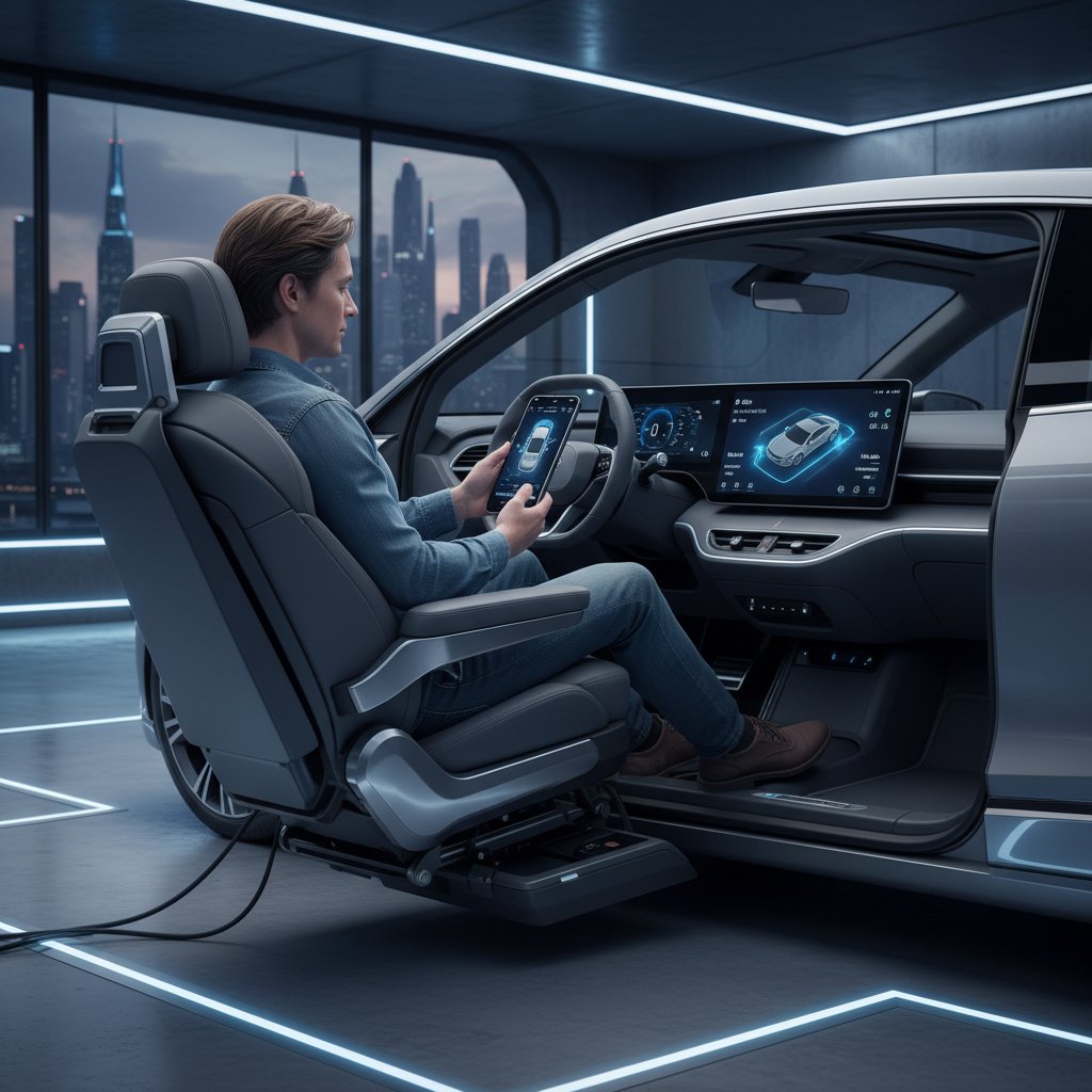 User controlling a transfer seat via smartphone app in a modern car interior