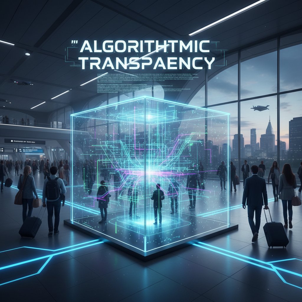 A transparent digital box with visible data streams and traveler avatars, symbolizing algorithmic transparency in travel tech