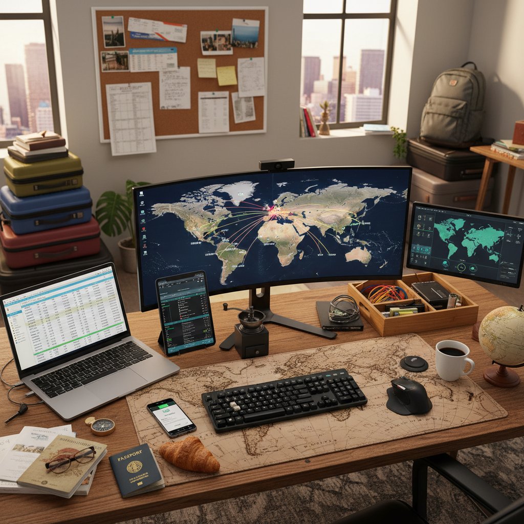 A travel hacker's cluttered workspace: multiple devices, notebooks, coffee, and flight maps, symbolizing unconventional flight booking strategies