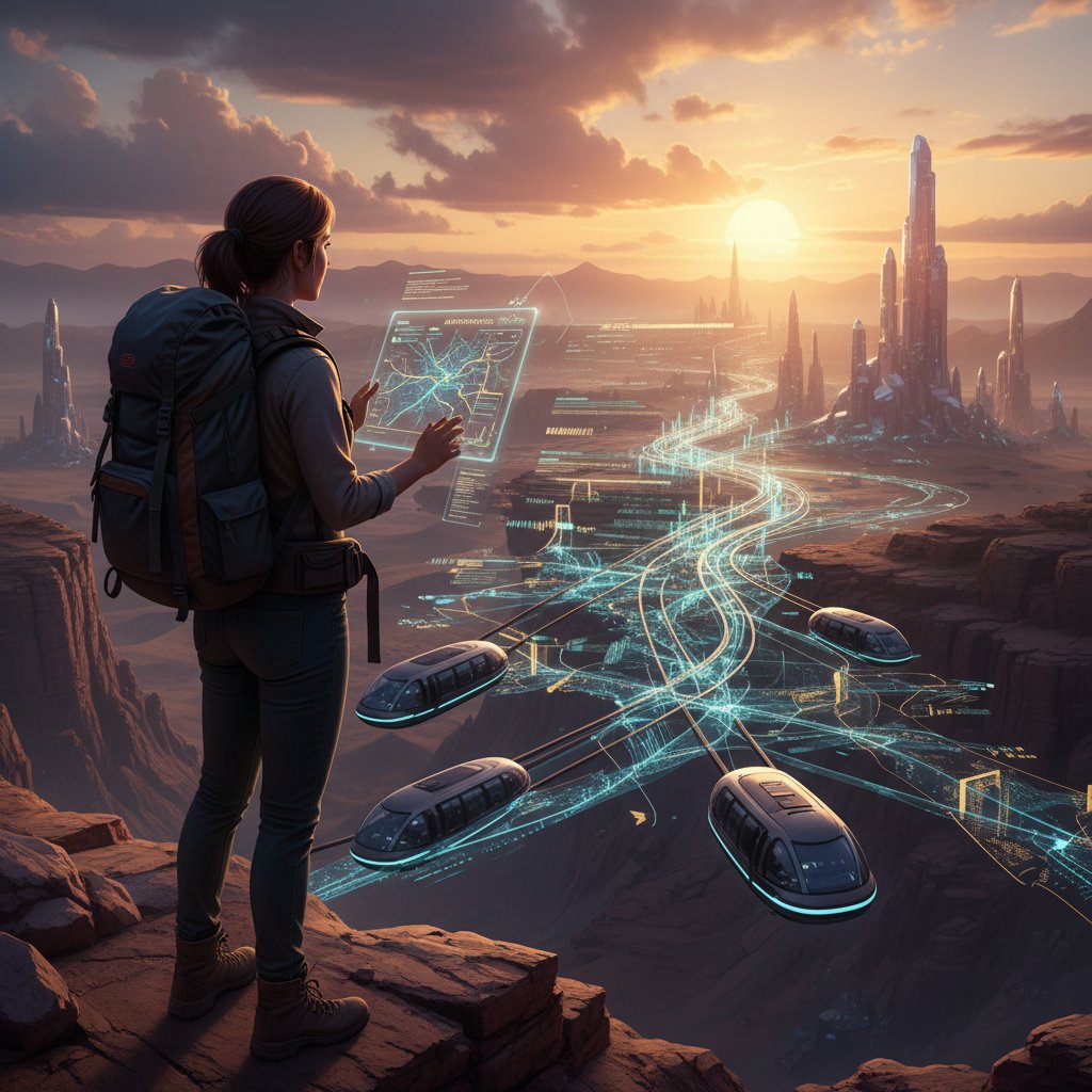 Traveler targeted by algorithmic pricing, faceless traveler surrounded by digital data streams for money-saving flight tips