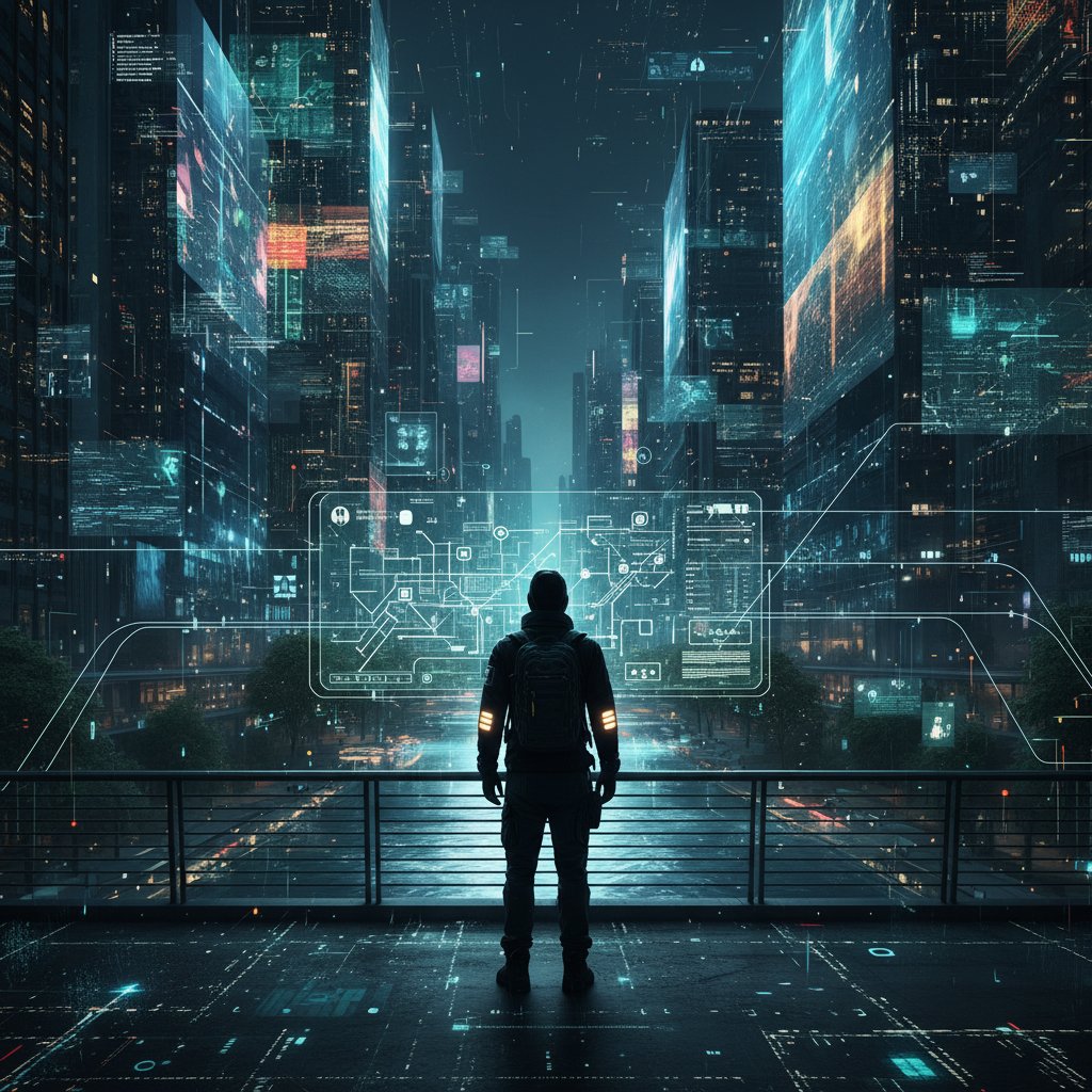 Traveler surrounded by floating data streams, ambiguous expression showing tension between tech and confidence