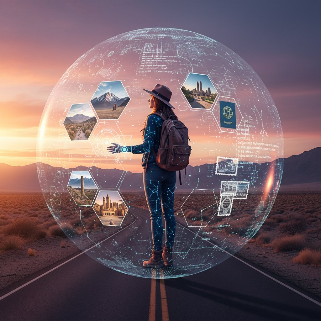 Symbolic photo of traveler encased in digital data bubble, suggesting both comfort and isolation