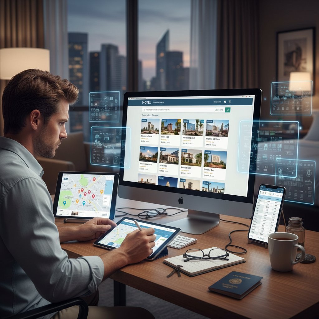 Traveler reviewing hotel listings on multiple devices, digital interface overlays, analytical expression