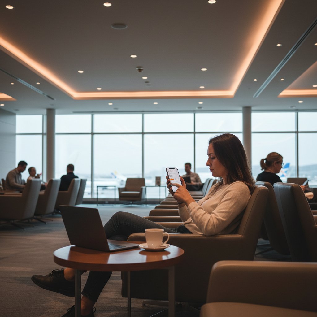 Traveler updating their Eurowings booking on a smartphone in an airport lounge, exuding efficiency and calm before departure