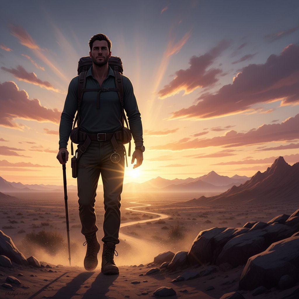 Traveler walking boldly toward sunrise, symbolizing travel with confidence and resilience