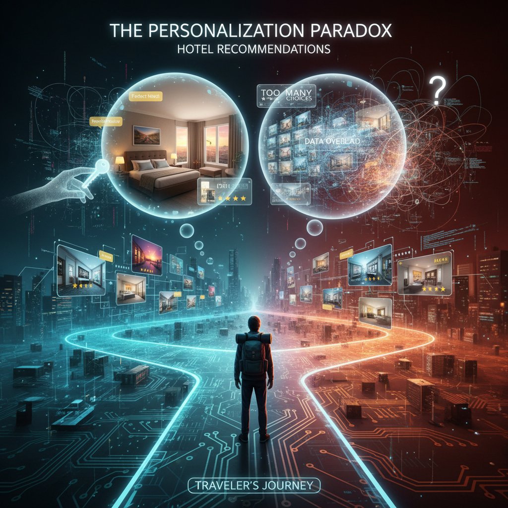 A traveler stands at a digital crossroads, with faces split between delight and concern, illustrating the personalization dilemma