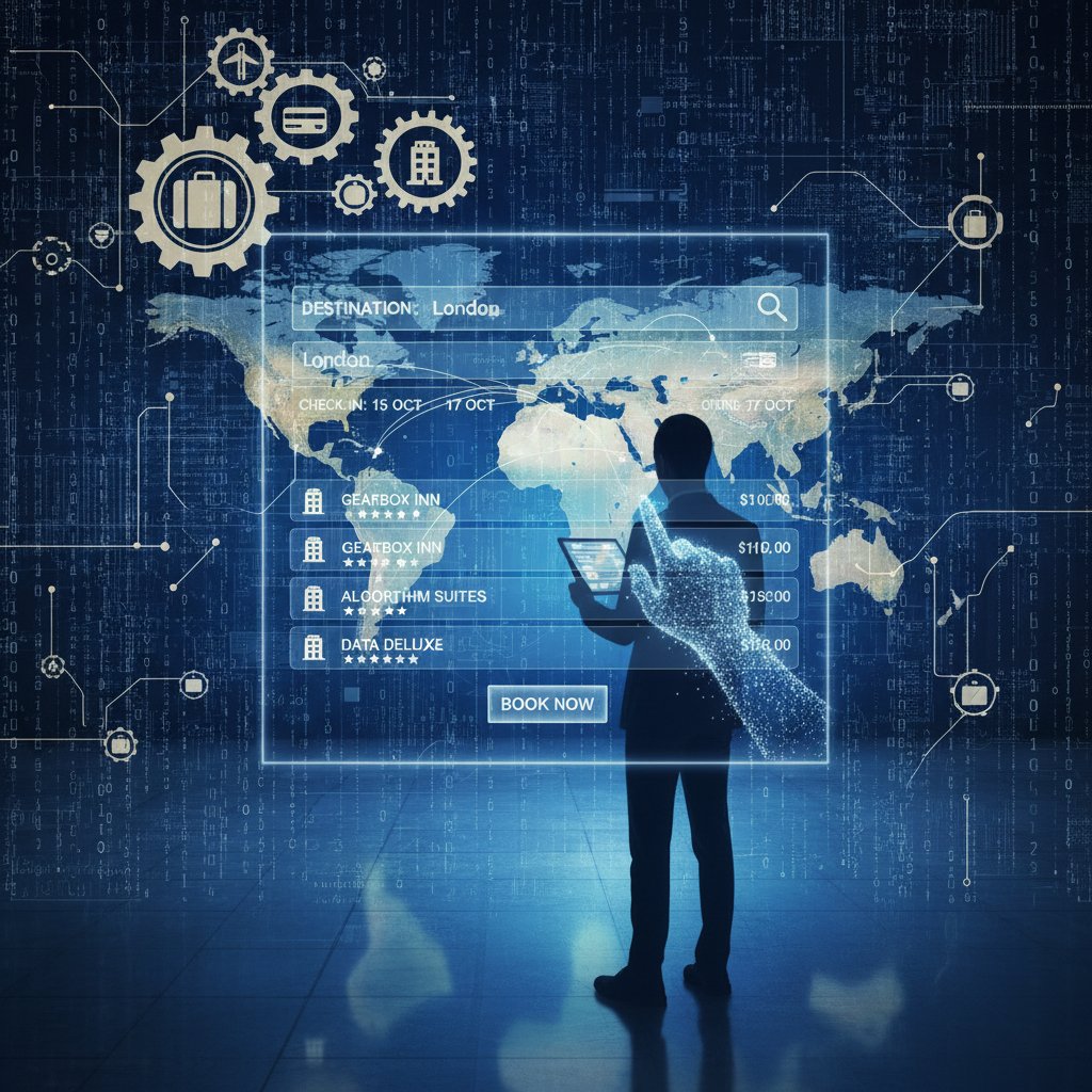 Traveler peeking behind a digital curtain, revealing gears and cogs representing the inner workings of recommendation algorithms