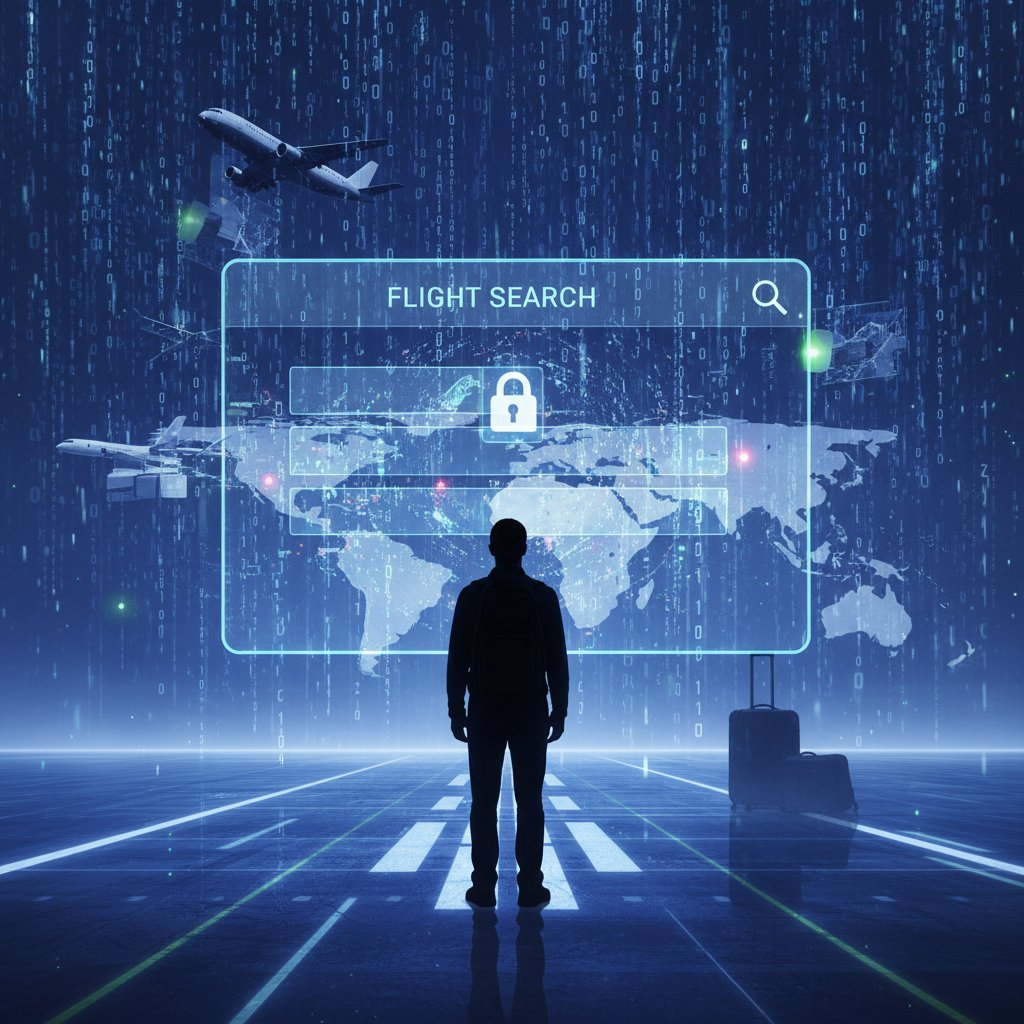 A silhouetted traveler behind a screen of digital code, symbolizing the hidden privacy costs of flight search engines and data collection