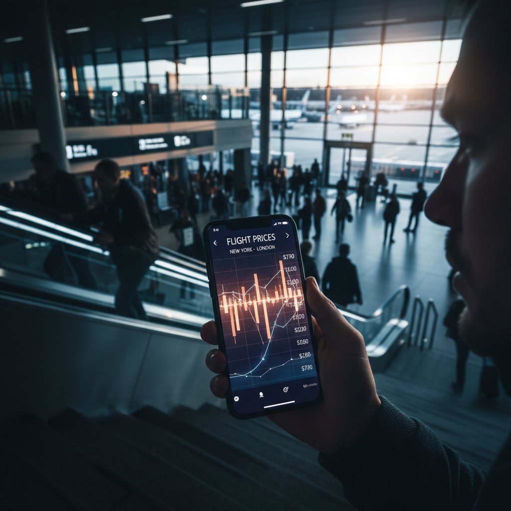 Traveler’s phone displaying fluctuating flight prices, high-contrast lighting, psychological warfare of booking