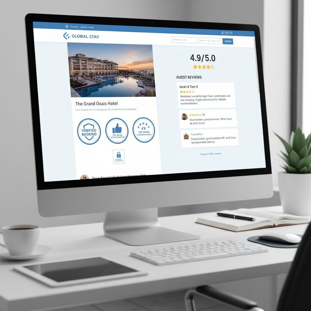 Close-up of trust badges and hotel reviews on booking website, psychological cues reliable hotel booking